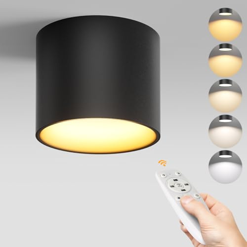TuyuBEE Remote Control Ceiling Spotlight Fixtures Flush Mount Ceiling Light Fixture Dimmable LED Spot Lights Indoor, 4.72 Cylinder Downlight for Hallway Kitchen Entryway Foyer, 20W Black 1 Pack
