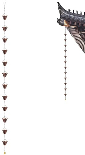 Yuemeuy Cadena De Lluvia | Tubo De Desagüe Decorativo De Cobre 2.7 Metros,12 Tazas Cadenas para Canalones,para Techo De Casa Exterior Cenador Pérgola Árbol
