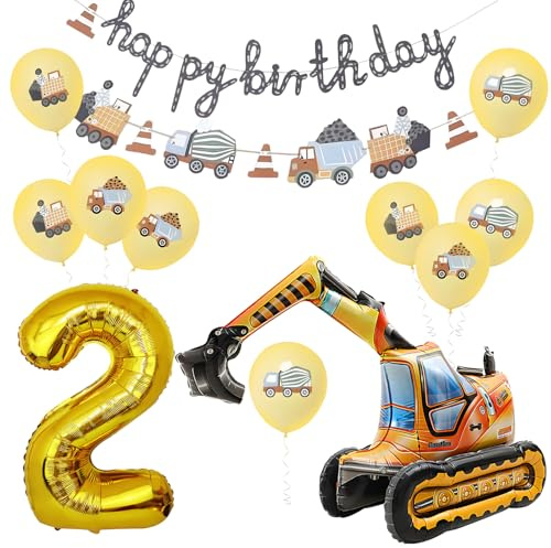 13 Pezzi Decorazione di Compleanno di Escavatori 2 Anni | Escavatore Palloncini Trattore 2 Anni, per Ragazzi compleanno Veicoli a Tema Feste