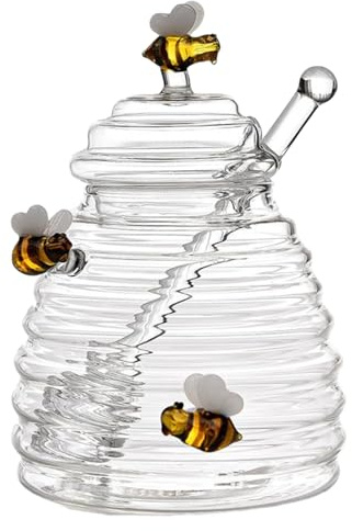DAGLLGEW 1 Ensemble de Pot à Miel avec de Jolies Abeilles, Pot à Miel 500ml avec Trempette et Couvercle, et goutteur, Transparent avec Trempette pour Magasin sirop avec