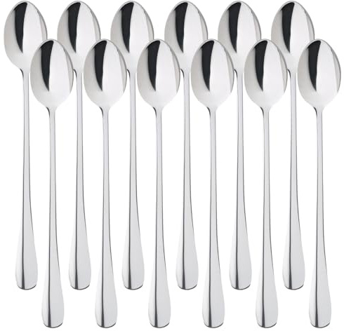 LLCS Lot de 12 cuillères à latte macchiato - En acier inoxydable - Longues cuillères à café - Cuillères à dessert - Cuillères à café pour café glacé, thé glacé, milkshake - 19,5 cm - 13
