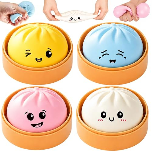 Dumpling Squishy, 4er Set Squishy Dumplings Mystery XXL, Dumpling Antistressbälle mit Dampfgarer, Anti Stress Ball Quetschball Geschenk für Kinder und Erwachsene