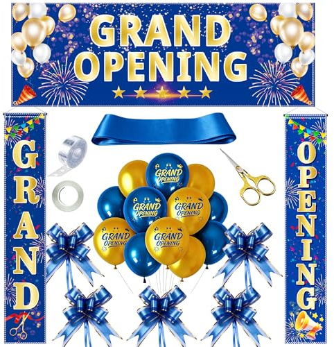 Grand Opening Ribbon Cutting Kit 71PCS with 3x10FT Banner & 71x12IN Banner, Satin Ribbon, Balloons, Pull Flowers & Scissors – Grand Opening Decorations for Store, Business, Restaurant Opening(Blue)