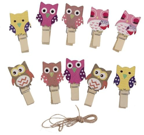 PAMINGONO 10 Pezzi Mollette Legno Piccole a Forma di Gufo con Corda di Juta, Decorazione Rustica per Lavoretti e Feste, Perfette per Giochi e Bomboniere