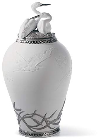 LLADRÓ Figurina Anfora Aironi Cinerini. Lustro Argento. Vaso di Porcellana.