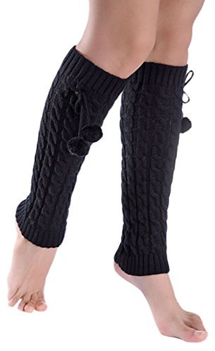 ACVIP Damen Frauen Lang Gestrickt Beinwärmer Stulpen Strickstulpen Bein Stulpen mit Bommeln(Schwarz)