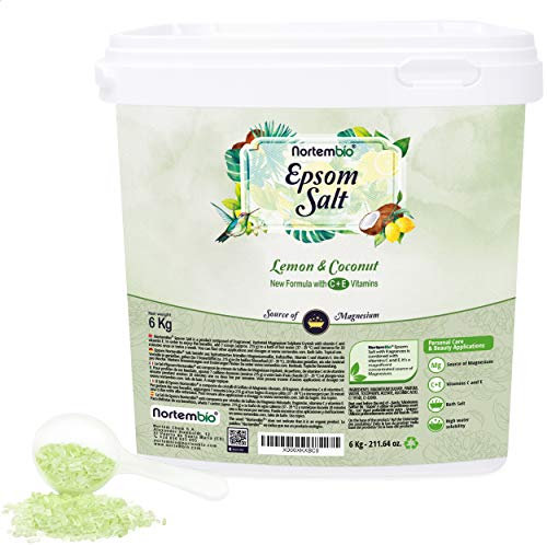 Nortembio Sali di Epsom 100% Fragranza Limone e Cocco 6 kg – Fonte Naturale di Magnesio | Con Vitamina C ed E Idratante | Per Bagni Rilassanti, Spa e Cura della Pelle + E-Book Gratuito