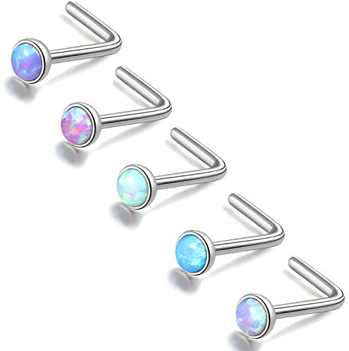 ZS 5 delar blå opal näsdubbar 20 mätare nässtift L-formad näsa piercing stud rostfritt stål nässtift hållare, 2mm, Syntetisk opal, Ingen ädelsten