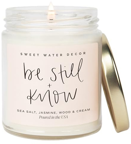 Sweet Water Decor, Be Still and Know, Sea Salt, Jasmine, Cream, and Wood Scented Soy Wax Candle for Home - Christian Candle Gifts for Women - 9oz Clear Jar, 40 Hour Burn Time, Made in the USA