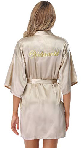 Vlazom Morgenmantel für Hochzeit Satin Kimono Badmantel für Braut&Brautjungfern V-Ausschnitt Damen Robe mit Gürtel(L,Silberner Champagner für Brautjungfer)