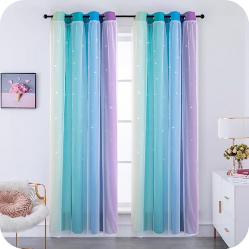 GIRASOLE HOME® Coppia Tende Doppio Velo Oscuranti Morbide Fantasia Stelle Vuote Tenda Isolante per Camera e Cameretta Bambini 2 Pannelli con Occhielli (140x235cm, Arcobaleno Freddo)