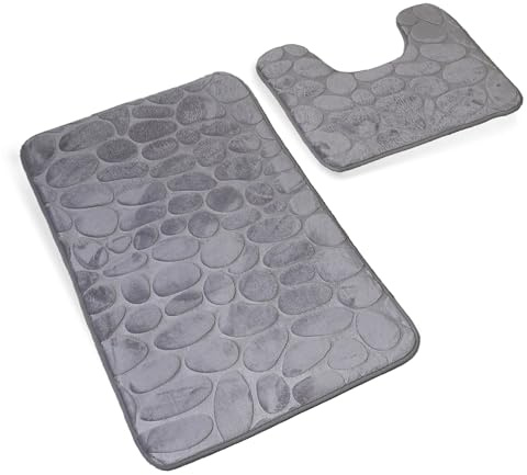 DIVCHI Non Slip Bath Mat Set - 2 Piece Thickened Bathroom Mat Set - Extra Absorbent 100% Memory Foam Bath Mat (80 x 50cm) and Pedestal Toilet Mat (50 x 40cm U Shape) (Grey)