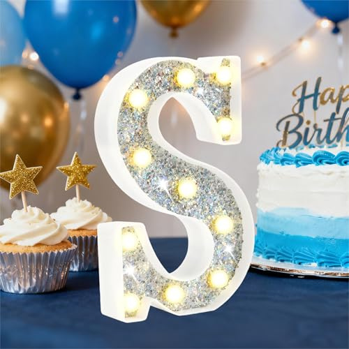 LED Marquee Letter Lights, Light Up Silver Letters for Bedroom Glitter Gifts for Teenage Girls Alphabet Letter Sign Battery Powered Night Light Birthday Party Wedding Home Decoration, Silver Letter S