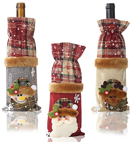 FainFun Weihnachten Weinflasche Abdeckung, 3 Stück 28 * 13CM Weihnachtsdekoration Weinflaschen Taschen aus Sackleinen, Rotwein Flaschenbeutel für Dress up Weinflasche, für Tischdekoration