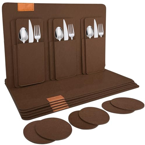 shinfly Manteles Individuales Lavables de Fieltro 18 Piezas, Manteles Rectangulares Antideslizantes Resistente al Calor con Posavasos, Fundas para Cubiertos para Cocina y Mesa, 44x31cm【Marrón Oscuro】