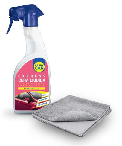 Happy Car – Cera Liquida Express, per Auto, + Panno in Microfibra, Lucida e Protegge la Carrozzeria, Effetto Specchio, Ravviva i Colori, Idrorepellente, Spray 750ml
