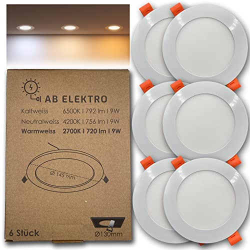 AB Elektro LED Einbaustrahler Flach Rund 6er Set I 9W Spot 12V Warmweiß I Panel Deckenleuchte I Einbauleuchte Set Mit Trafo