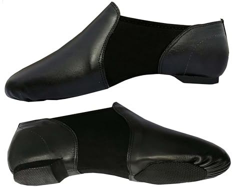 Slip On Jazz Dance Shoes - Pure Black Leather - Modern Stage Rubber Heel - Neoprene - Irish Dancing Pumps - Adults & Kids