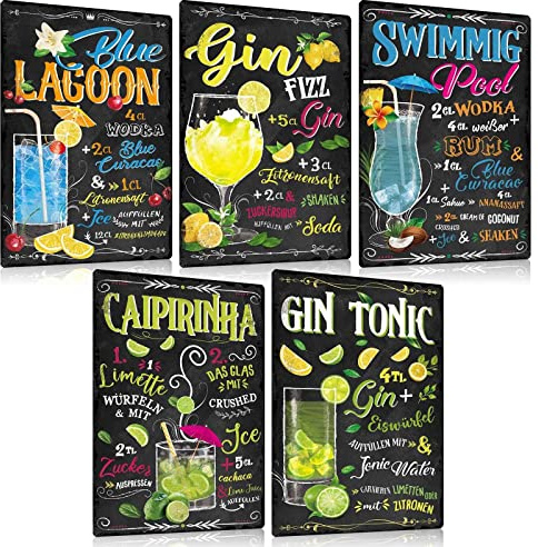 5er Set Retro Cocktail Blechschilder Rezept 20x30cm - Metallschild Witziger Spruch - BLUE LAGOON,CAIPIRINHA,Vintage Wand-Idee für Cocktail-bar Pub Kellerbar Lounge Kneipe Küche