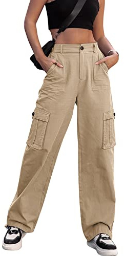 Dordanity Y2K Cargohose für Damen Baggy Hosen High Waist Wanderhose Baumwolle Arbeitshose mit Multi Taschen(Khaki,XL)