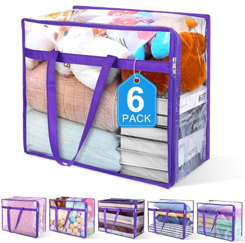 Budding Joy 6 Pack Clear Storage Bags, 40L Plastic Storage Bag with Lid, Clothes Storage Bag Moving Bags PVC Organizer with Zipper for Bedding, Linen, Blankets, Comforters, Clothes, Purple