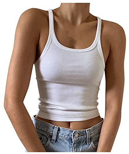 MeiLyviba Tank Top Damen Spaghetti Top Sexy Ärmellos Unterhemd Gerippte Basic Einfarbig Camisole Sommer Oberteile Crop Tops Bauchfreie Tops Trägertop Weiß Sommertop