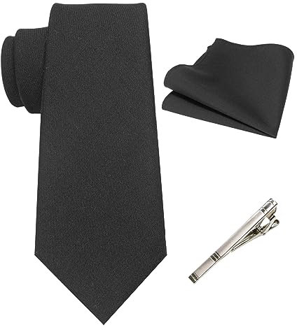 JEMYGINS Herren Retro Baumwollmischung Krawatte mit Einstecktuch und Krawattenklammer Set,Schwarz