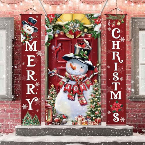 Panelee 3 Stück Weihnachten Tür Banner Dekorationen Schneemann Tür Abdeckung Polyester Stoff Merry Christmas Veranda Schilder Hintergrund für Winter Weihnachten Haustür Innen Außen Dekoration Zubehör