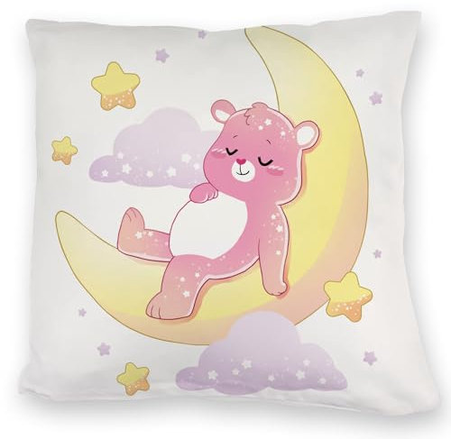 Schlafender Bär im Mond Kuschelkissen in rosa EIN bequemes DekoKuschelkissen für das Kinderzimmer niedliches Baby Geburt Kuscheliger Kuschelkissen bezug mit Motiv und Sternen