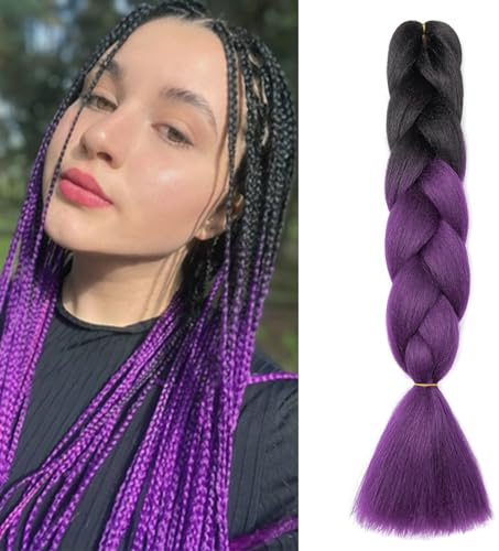 Dcbaboo Extension per Treccine Africane 60cm Kanekalon Extension Treccine Africane Capelli Finti per Treccia Capelli Sintetici 1 Ciocca Ombre Jumbo Braiding Hair, Nero & Viola