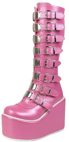 ticticlily Donna Stivali Alti al Ginocchio Stringate Scarpe Punk Goth Stivali Casual Boots F Rosa 35 EU
