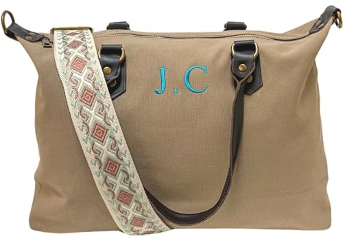 Cocholate Bolso Hombro Leonor - Bolso Personalizado - Bordado y Personalizado con tus iniciales - Correa étnica incluida (Topo)