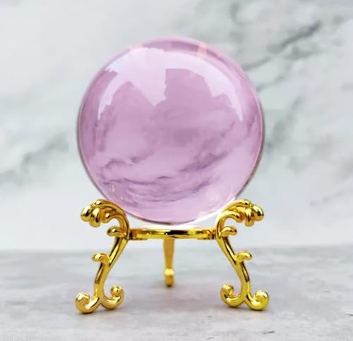 VEKETE Bola De Cristal De 80mm,Bola Mágica Natural Rara Asiática,Esfera De Bolas De Cuarzo,Decoración Artesanal Con Base Triangular De Metal,Adorno De Oficina Con Base,rosa