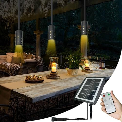 Solar Pendant Lights Garden Outdoor Indoor, Hanging Solar Powered Landscape Lamp for Outside Gazebo Pergola Patio Garden Dining Room with Remote Control Timer Waterproof Aluminum - Warm White 3 Pack