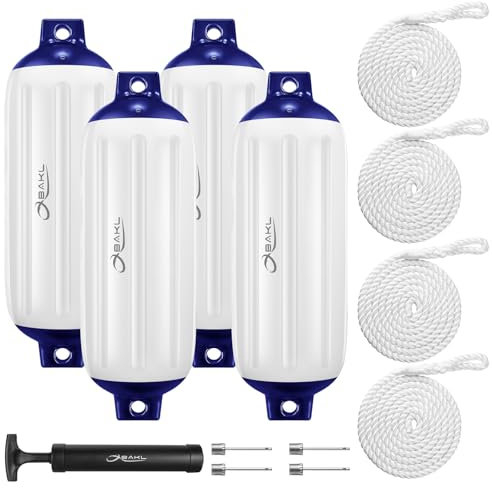 OBAKL Boat Fenders 4 Pack 8.5 x 27 Inches Ribbed Twin Eyes Boat Fenders Bumpers for Docking, Comes with Ropes and Pump to Inflate(Blue and White)