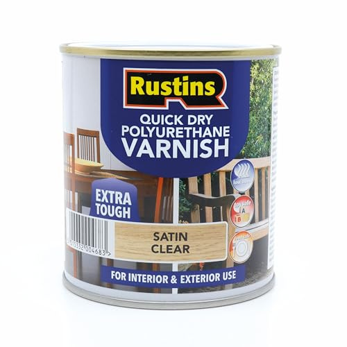 RustinsQuick Dry Poly Varnish Satin Clear 1ltr -Tough, Water-Based Clear Finish in Gloss, Matt or Satin; Durable Protection for Interior Wood, Furniture and Floors