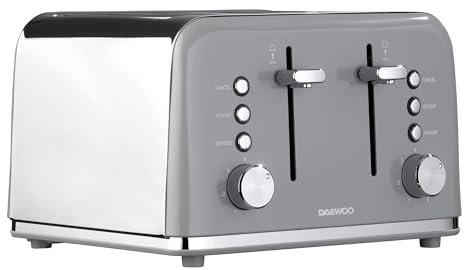 Daewoo Kensington, Toaster 4 Slice, Stainless Steel, Removable Crumb Tray, Defrost, Reheat And Browning Controls, Cancel Function, High Lift Lever, Easy To Clean, Grey