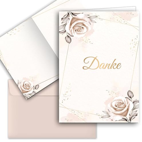 10 Danksagungskarten mit Umschlag Beige Rosen Danke Dankeskarte Klappkarten Dankeschön Hochzeit Feier Jubiläum Feude Trauer Trauerkarten Danksagungskarte Anteilnahme Geschäftlich Taufe