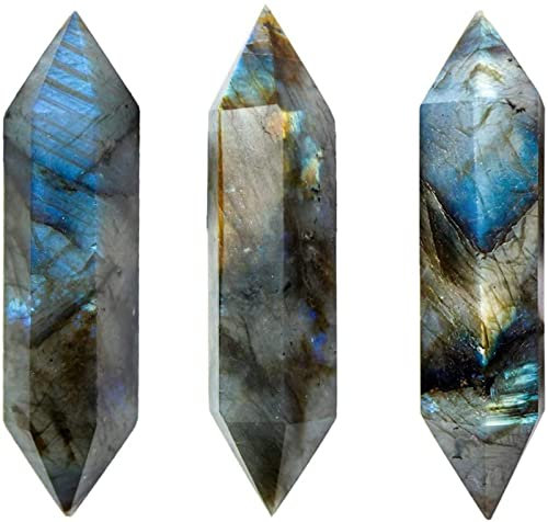 AUOQKQUT Varillas de Piedra de Puntos de Cristal de labradorita Natural de 3 Piezas, Barra de Prisma de Punto de Doble terminación Hexagonal for Terapia de, 5-7cm decoración hogareña(Size:7-9cm)
