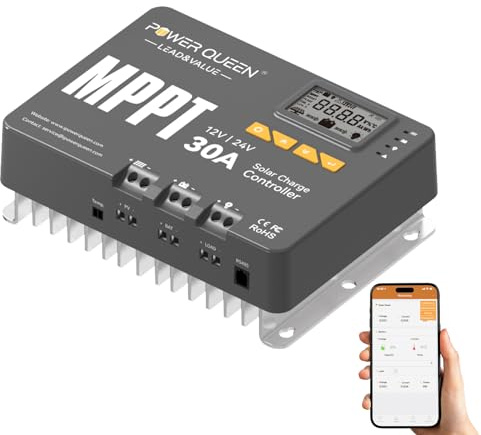 Power Queen 12/24V 30A MPPT Solarladeregler, Max 900W Eingangsleistung, eingebautes Bluetooth Modul, LCD Display, Standard für LiFePO4 Batterie und kompatibel mit versiegelten, Blei-Säure Batterien
