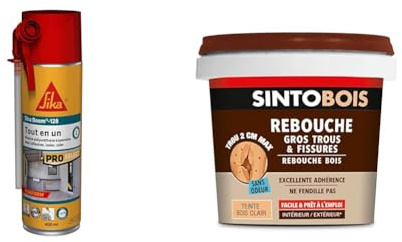 SIKA Boom 128 Tout en un, Mousse polyuréthane expansive Spécial Moyen Format : Expansion 20L & Sinto Rebouche Bois pour Gros Trous et Fissures Bois Clair - 500 g - Facile et Prêt à l’Emploi