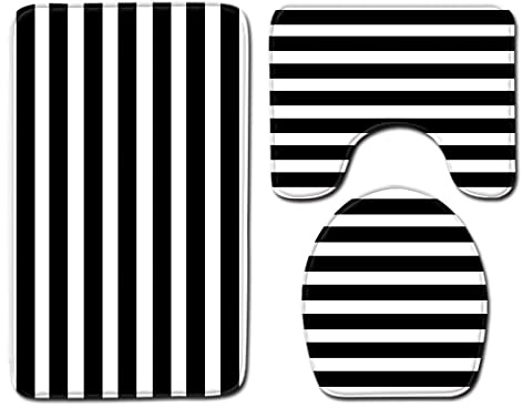 Bad Teppiche Set 3-Teiliges Gestreift Schwarz Weiß WC Vorleger Mit Ausschnitt Badematte Saugfähig WC Deckelbezug Badvorleger rutschfest Waschbar Toilettensitzbezug Badgarnitur (45x75cm)