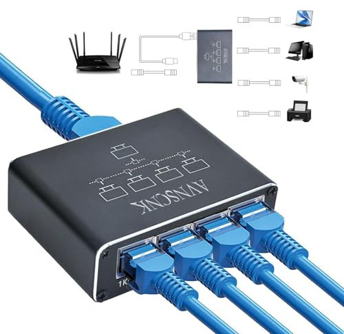 Switch Ethernet 4 Port, Switch RJ45 Splitter 1000 Mbps, Hub Ethernet RJ45 1 à 4 pour Ordinateur, Hub, Commutateur, Routeur, Décodeur, Télévision Numérique, etc.