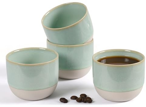 ZEBERBO Ceramic Espresso Cups Set of 4, Double Walled Espresso Coffee Mugs for Nespresso Cups, Special glazed Demitasse Cups Coffee Cup for Machine (Green)