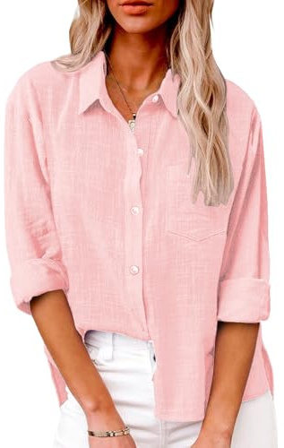 Friptspyg Blusa de Mujer con Cuello en V y Manga Larga 100% Algodón Casual con Bolsillo Suelta y Versátil para Verano