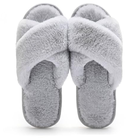 TIECHI Womens Slippers, Ladies Crossover Open Toe Fluffy Slippers, Anti-Skid Warm Furry Cozy Indoor Outdoor Shoes, Grey, 38-39EU/5-6UK