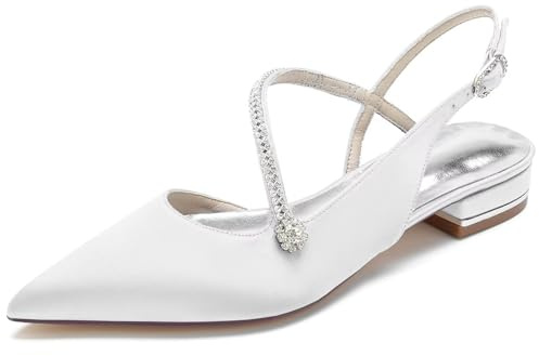 IvoireCh - Zapatos planos de satén con abalorio para mujer, cómodos zapatos de novia blancos con correa al tobillo, zapatos de fiesta de graduación, A Blanco, 40 EU