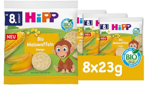 HiPP Bio Maiswaffeln Mango (8 x 23 g), Babysnack ab 8. Monat, glutenfrei, Süße nur aus Obst und Gemüse, ideal für unterwegs & zwischendurch