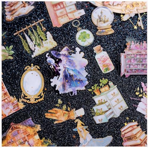 Magic Scrapbooking Stickers Set,80 Stück Journaling Scrapbook Zubehör in PET,Exquisite Gold Foil Aufkleber für Dekorative,Junk Journal,DIY Fotoalbum(Magic Anecdotes)