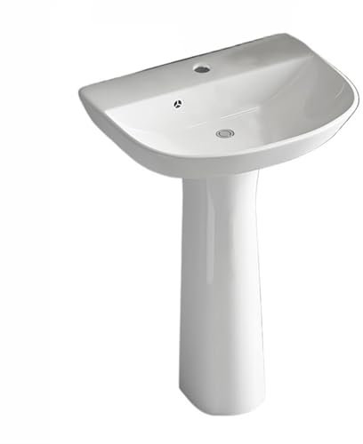 CAFIEDR Standwaschbecken für Badezimmer, Standwaschbecken mit 1 Wasserhahnloch und Abflussset, Standwaschbecken aus Keramik, glänzend weißes Standwaschbecken-Kombination, mit War(A)